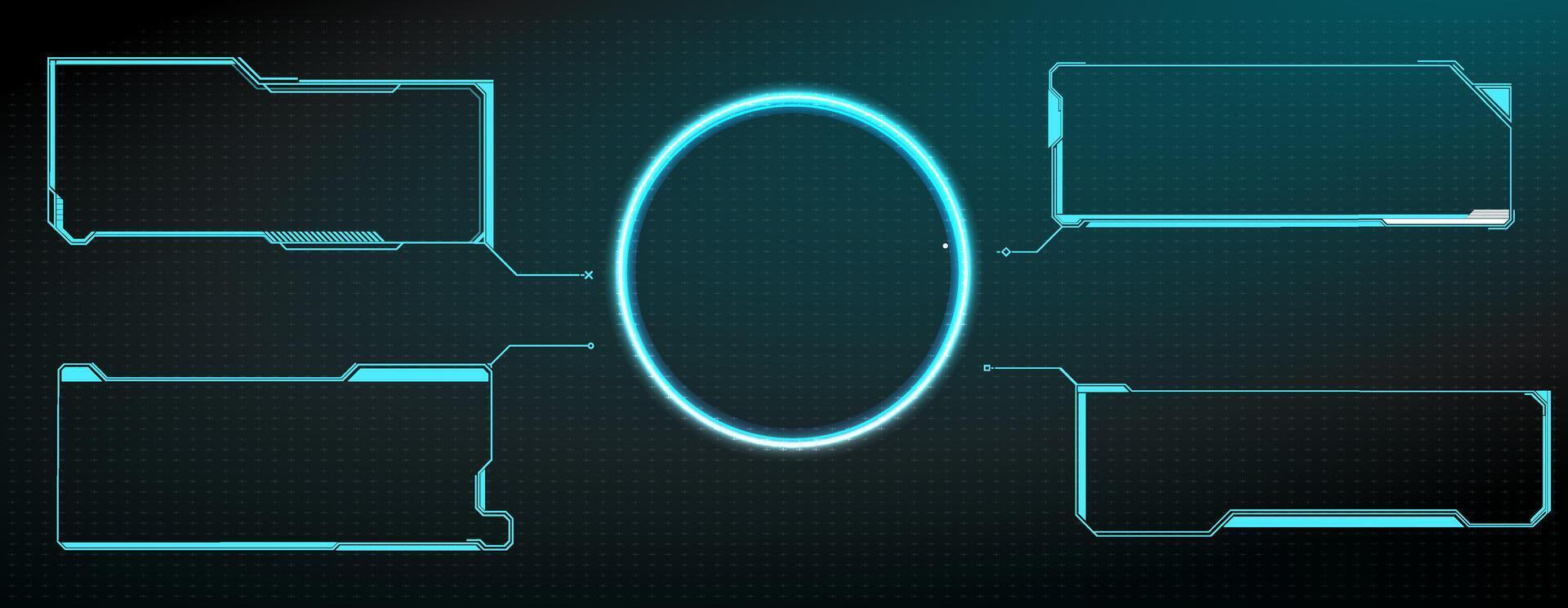 Futuristic interface with circular element and multiple rectangular frames for content display. vector