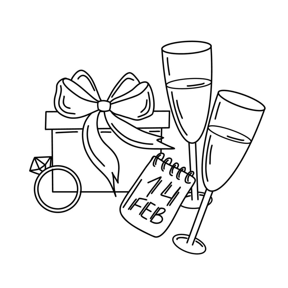 Hand drawn Valentines set with gift box, champagne glasses, ring, and calendar. illustration is in an outline style with clean lines. for card, invitation, packaging and decoration vector
