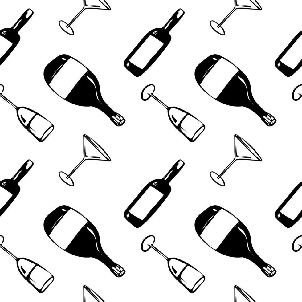 Hand drawn dinner set with bottles and glasses. illustration in a sketch whimsical line art style. bold outlines and minimal details. for menus, branding, packaging, social media, and decor vector