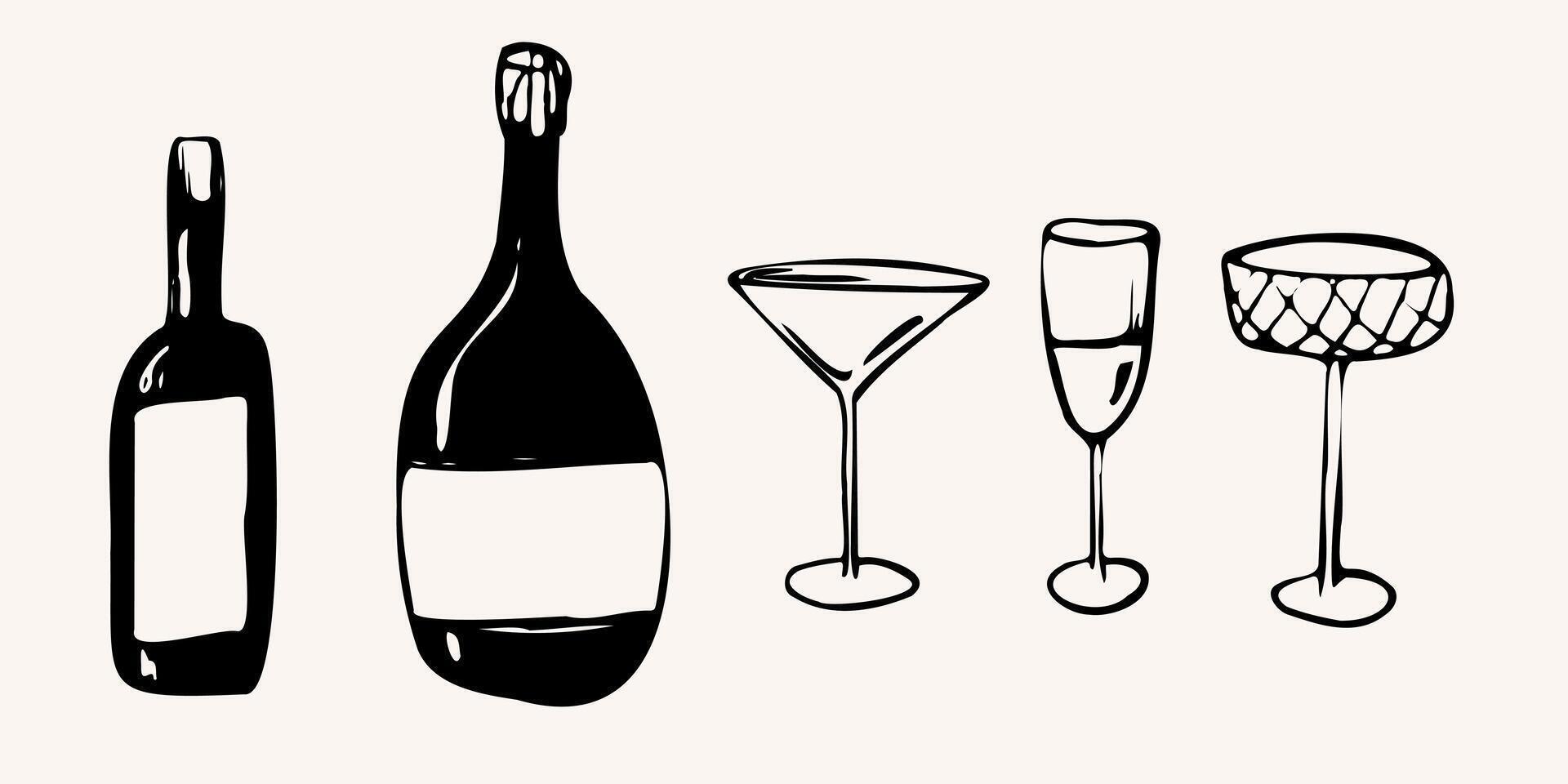 Hand drawn dinner set with bottles and glasses. illustration in a sketch whimsical line art style. bold outlines and minimal details. for menus, branding, packaging, social media, and decor vector