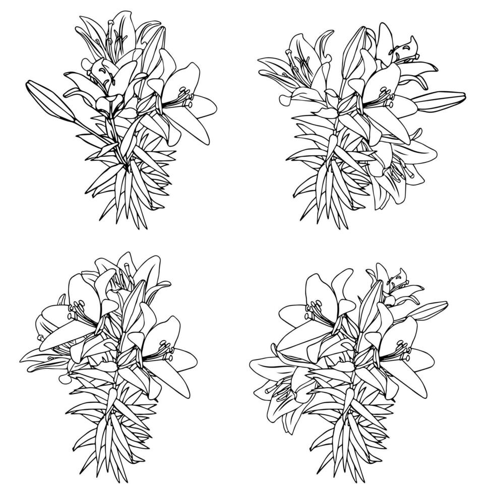Set of lily bouquets in doodle style. vector