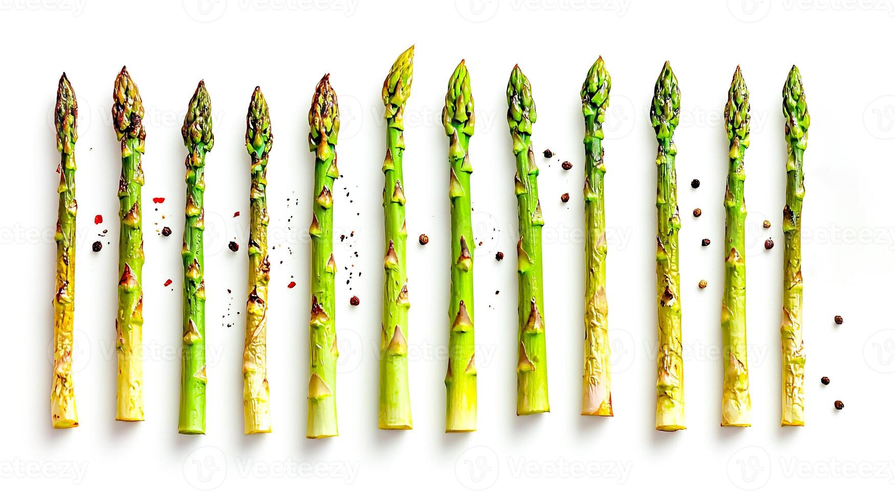 Flat lay of Asparagus with herbs and spicy isolates on a white background. . photo