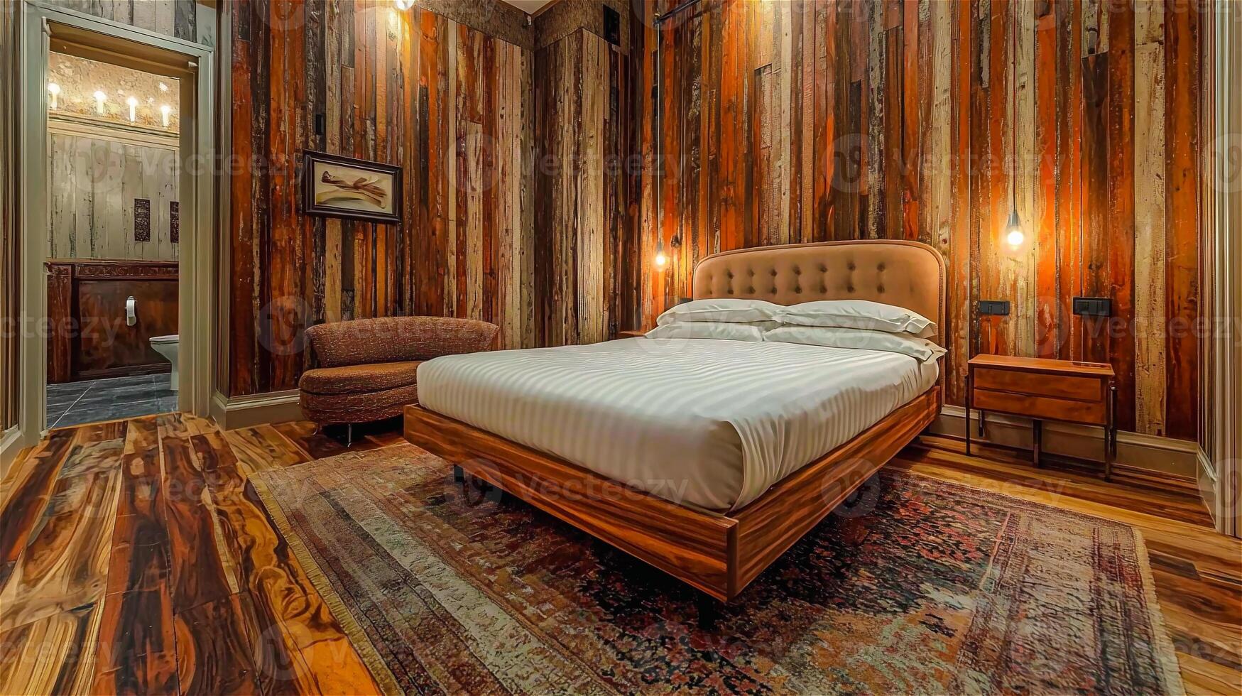 modern luxury bedroom has wooden walls. photo