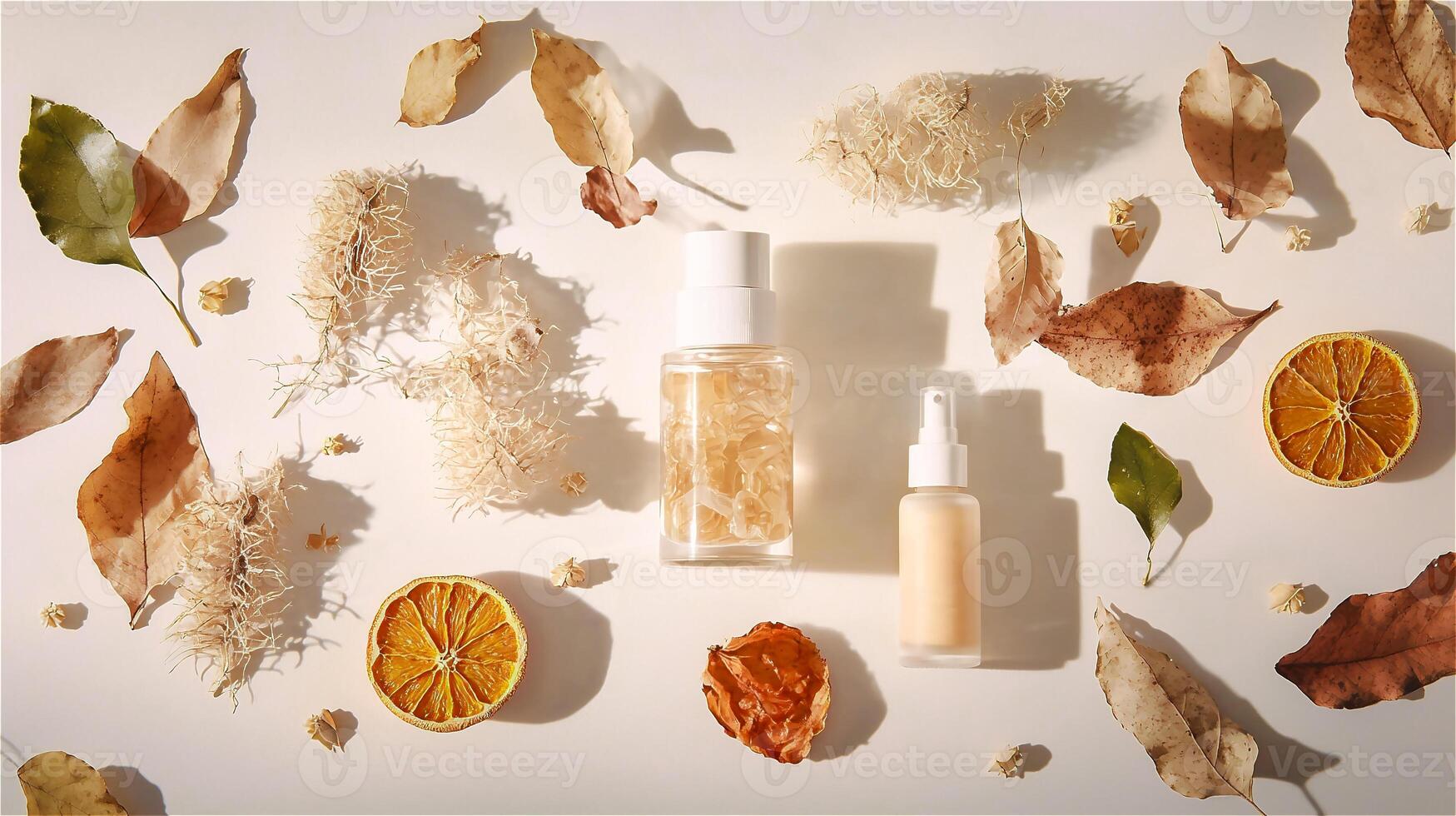A bottle of cream skincare surrounded with dry leaves, and sliced dried orange with morning light on white background. . photo