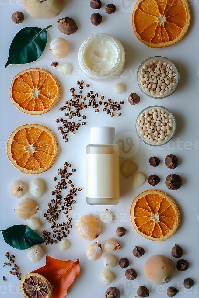 Flat-lay a bottle of cream skincare surrounded with dried leaves, herb, and sliced dried orange isolated on white background. . photo