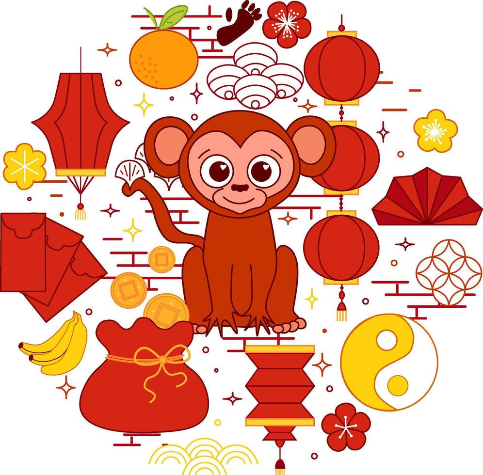 CNY monkey 2028 circle round composition typographic illustration of chinese new year traditional elements. graphic line illustration vector