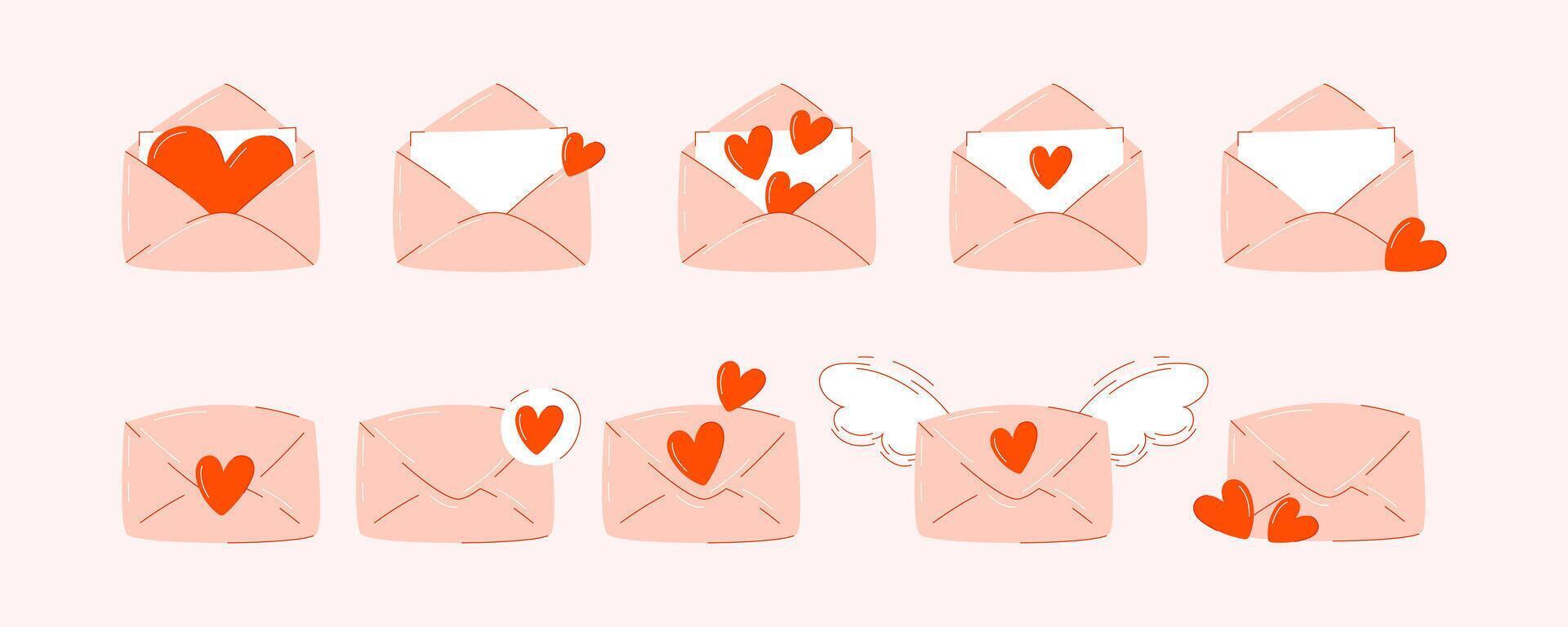 Envelope with love letter and hearts. Set of Valentine's Day mail post letters with declaration of love. Hand drawn illustration, flat style. Romantic elements for sticker, social media vector
