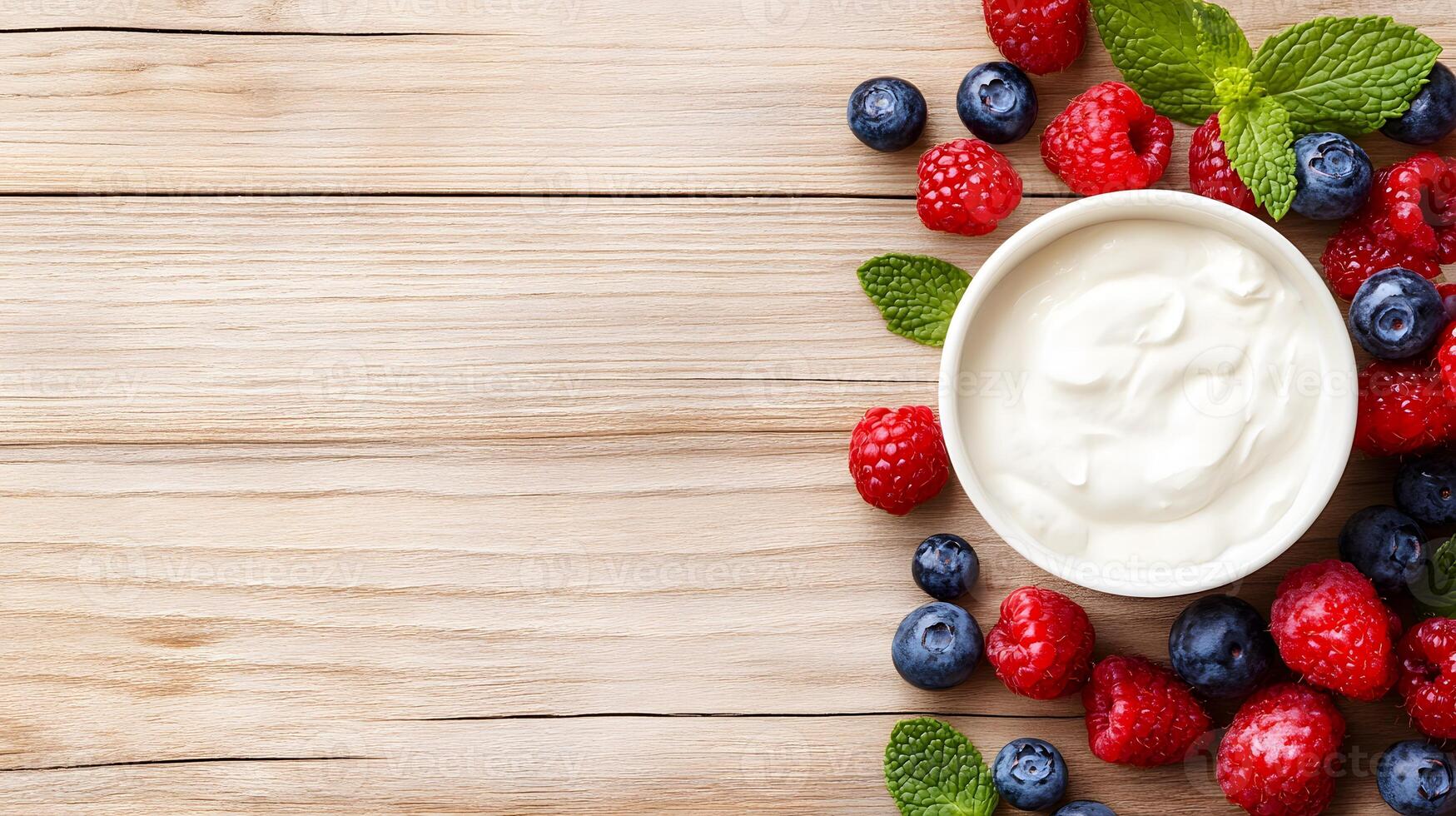 A bowl of creamy quark with fresh berries and mint leaves, served on a wooden table photo