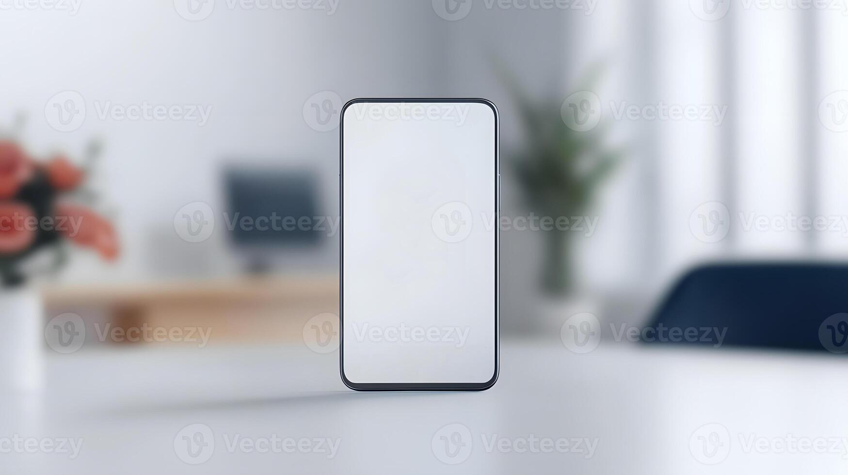 Smartphone with a white screen mockup placed on a soft pastel background, surrounded by fresh flowers and stationary photo