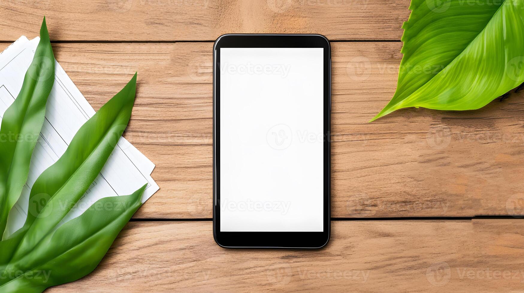 A smartphone with a blank white screen placed on a wooden table, surrounded by office supplies in a minimalistic workspace photo