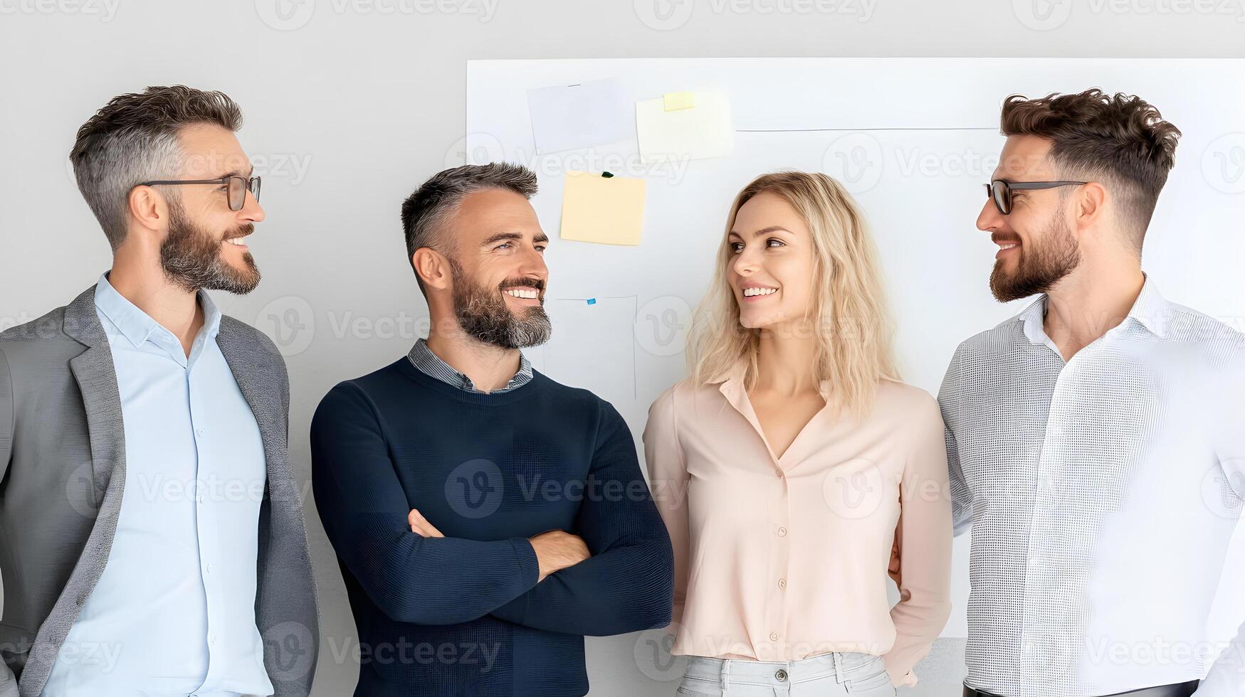 A group of professionals collaborating in a modern office space, brainstorming ideas on a whiteboard for strategic goals photo