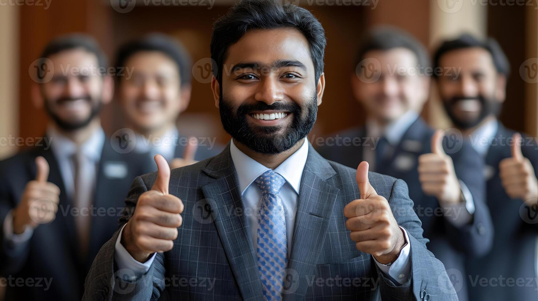 Employees in a sleek boardroom smiling at the camera, giving thumbs up as a sign of teamwork photo