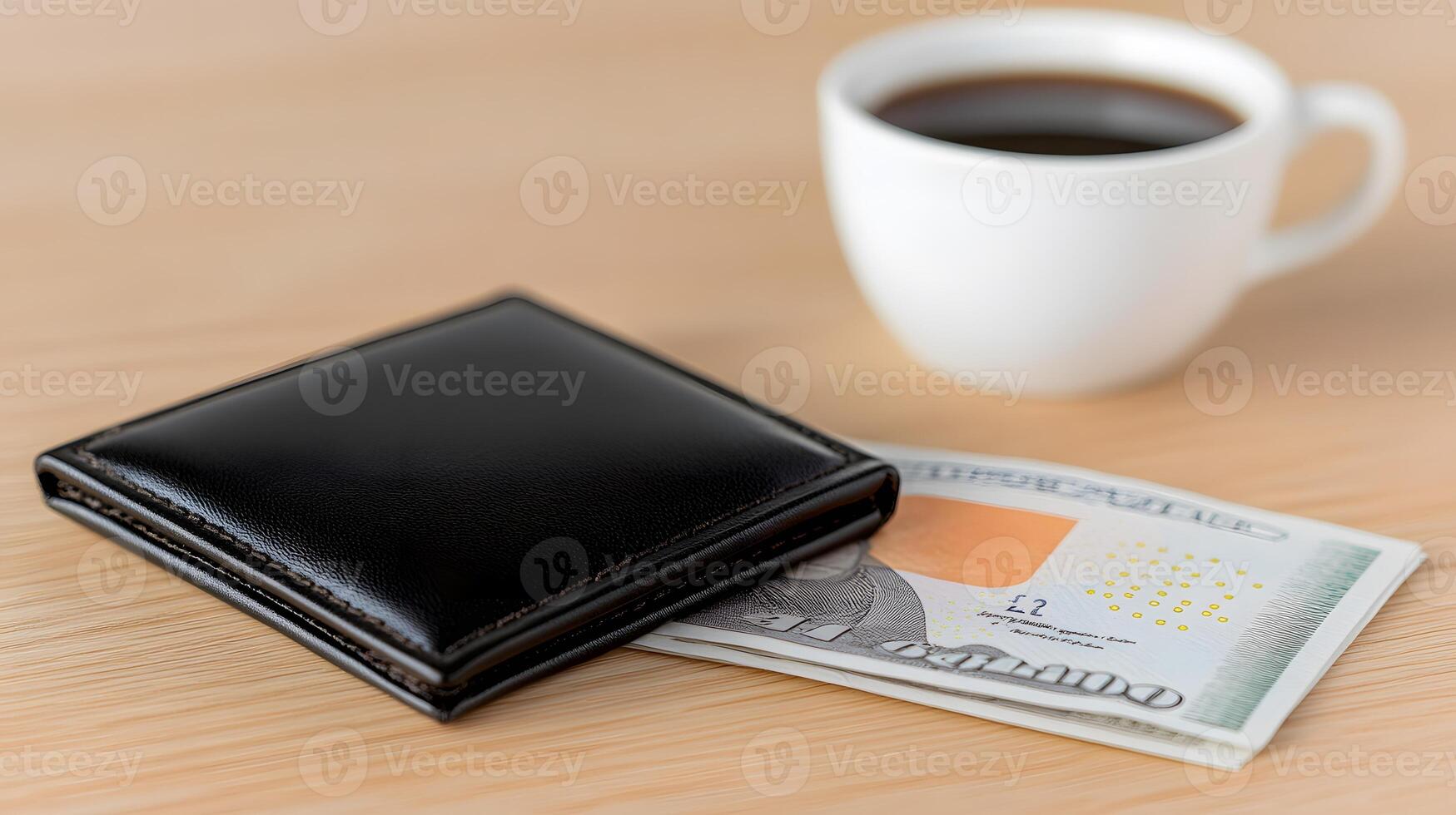 A wallet open on a desk with euro bills visible, a cup of coffee nearby, casual setting photo