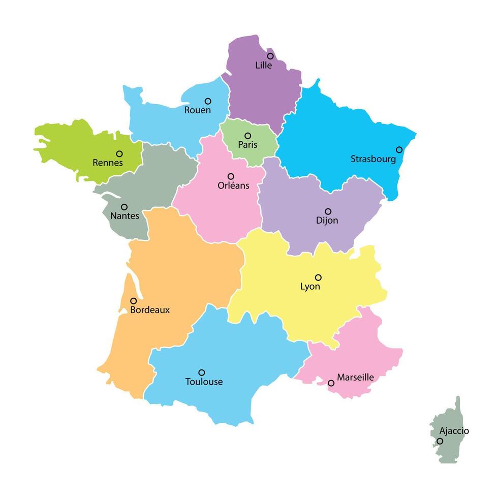 France map background with regions, cities in color. White flat design isolated on a white background. Highly detailed illustration Europe vector