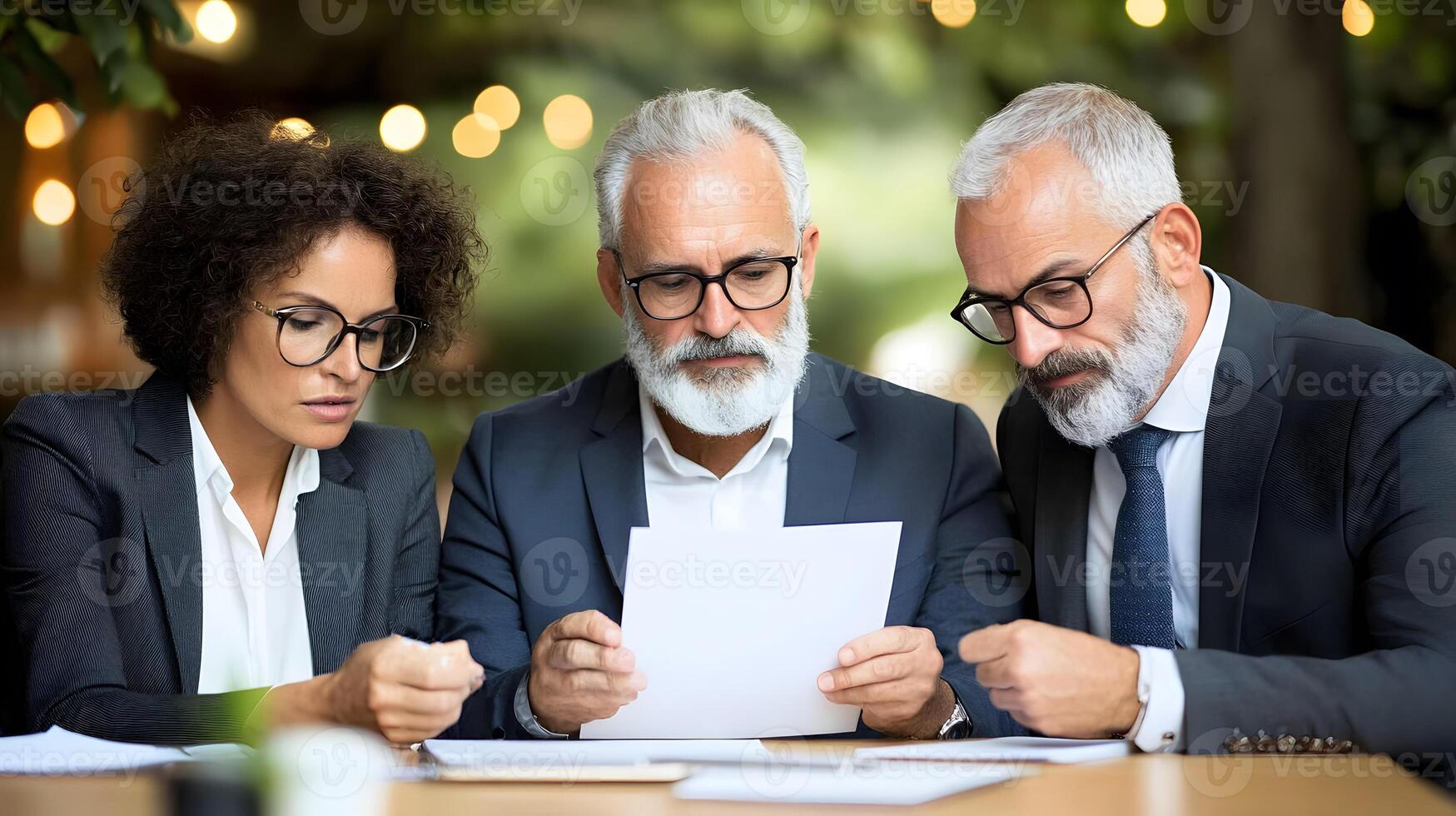 Executive team reviewing quarterly results during a focused corporate meeting in a well-lit boardroom photo