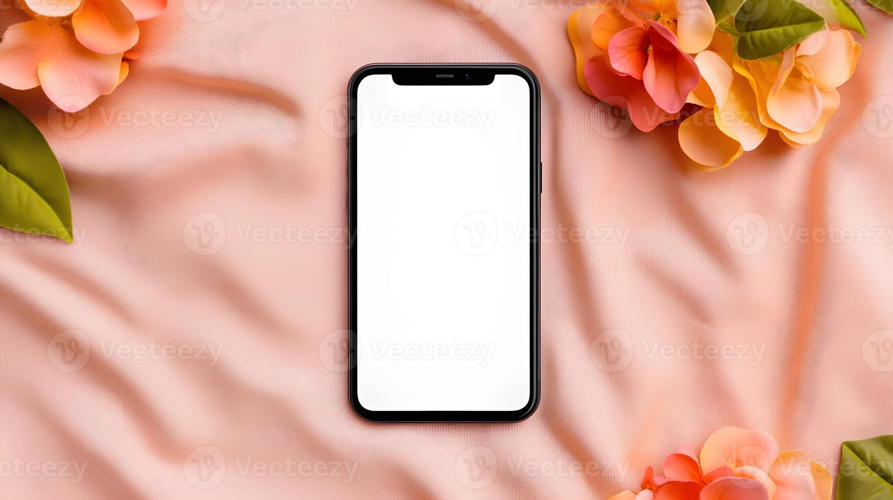 Smartphone mockup with a blank white screen lying on a soft fabric background, perfect for app promotion photo