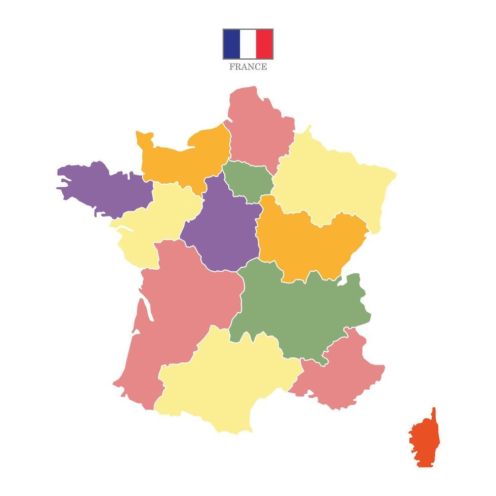 Colored map of France territories, featuring states and borders. White flat design isolated on a white background. Highly detailed illustration Europe vector