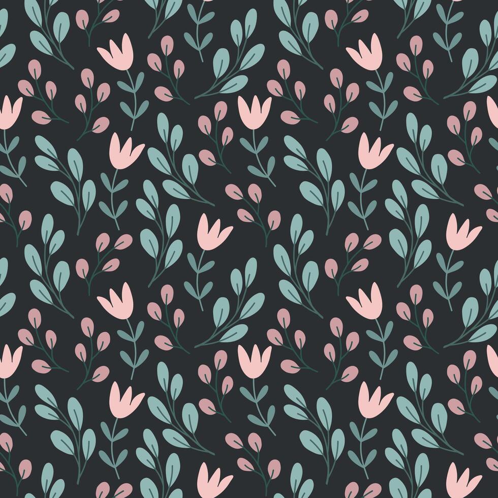 Cute Spring Summer Florals Seamless Pattern - Dark Background vector