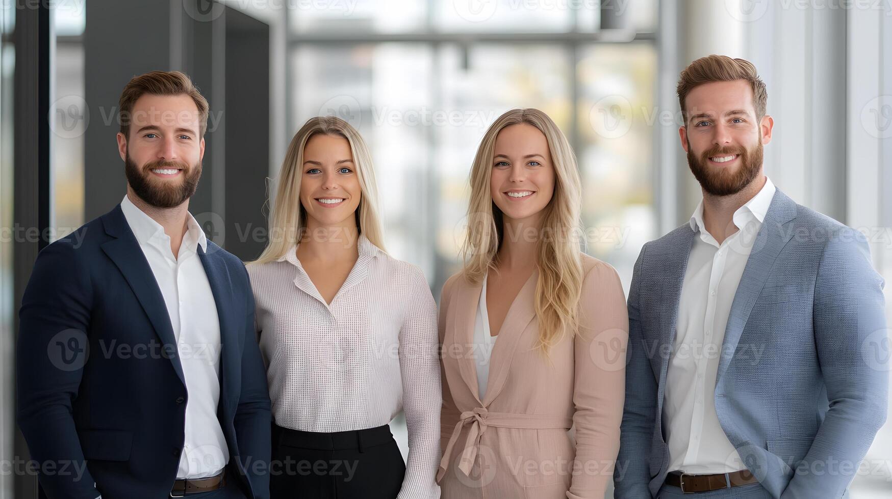 Happy employees standing in front of a collaborative board in a bright workspace, full body wide angle photo