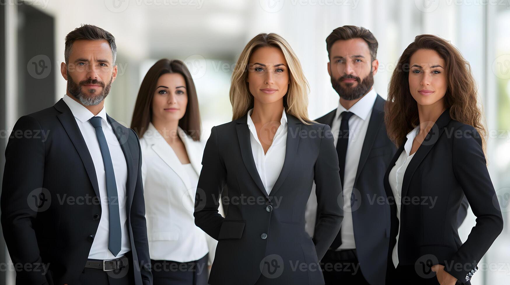 Professional team gathered near a presentation board with confident poses. photo