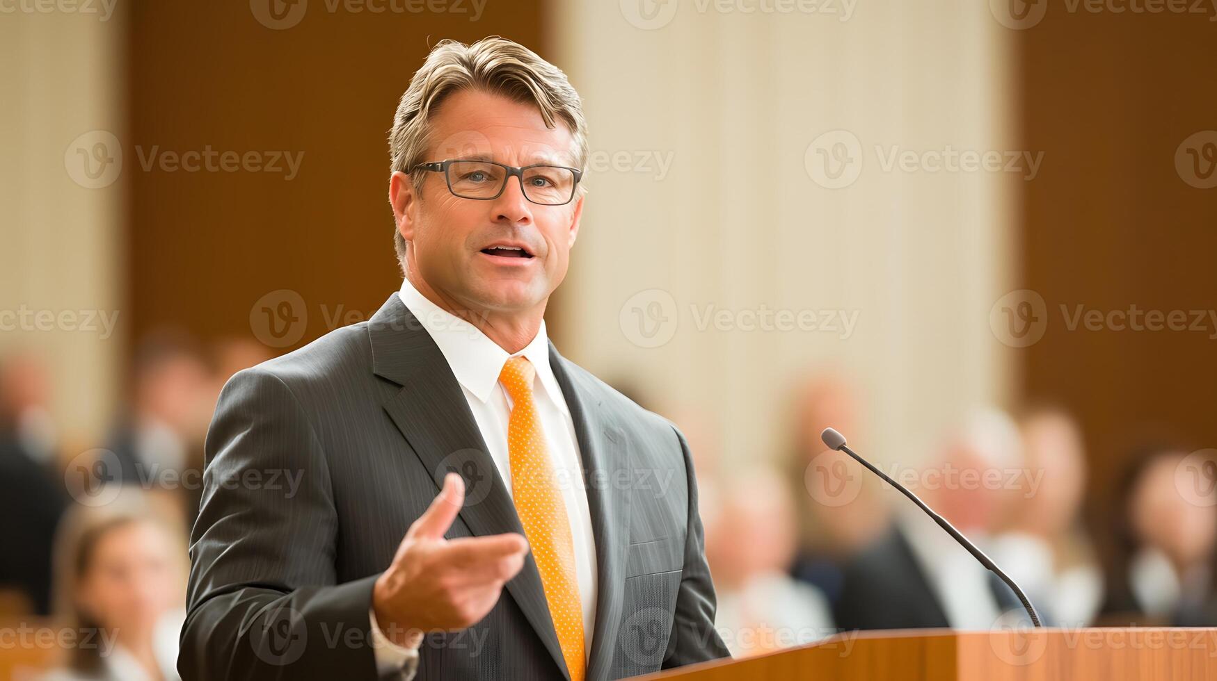 A business leader addressing a conference room full of employees, conveying motivation and clear communication skills. photo