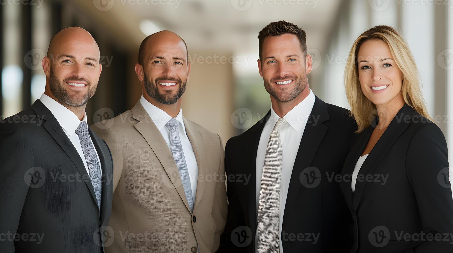 Positive group of professionals smiling in front of a presentation board, corporate environment, full body wide angle photo