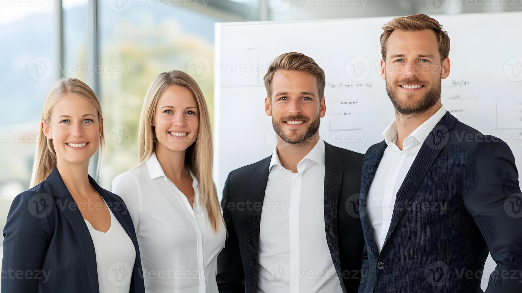 Group of employees standing confidently in front of a whiteboard smiling, professional workspace, full body wide angle.. photo