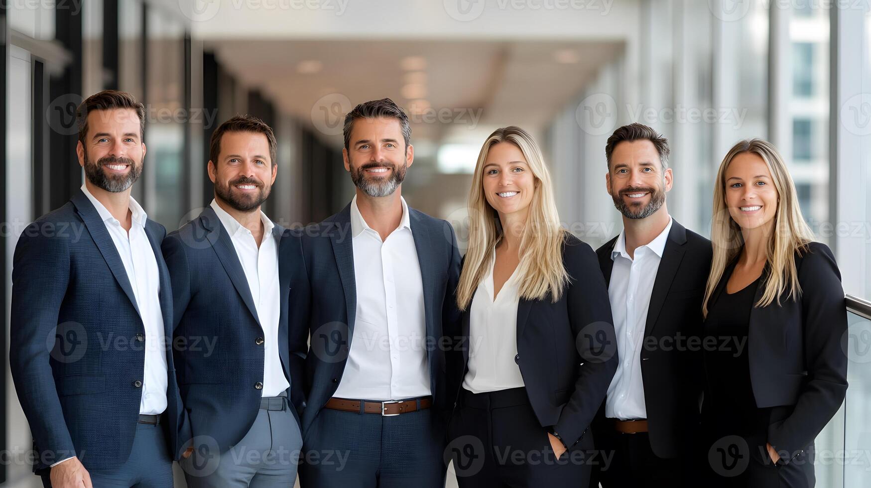 Group of professionals standing confidently near a project board, workplace setting, full body wide angle photo