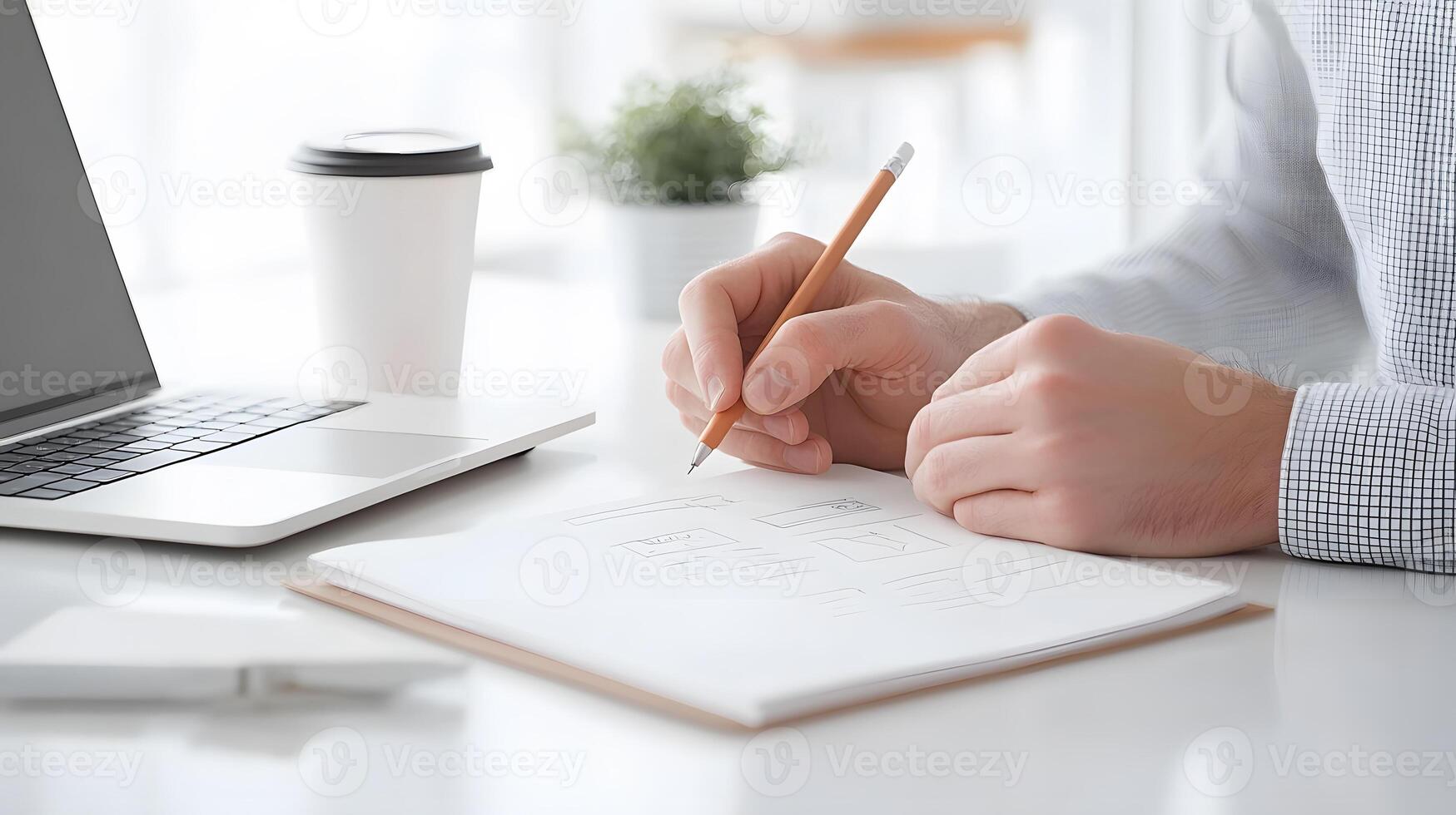 A close-up of hands taking notes and sketching ideas on a notebook, with a laptop and coffee cup in the background. photo