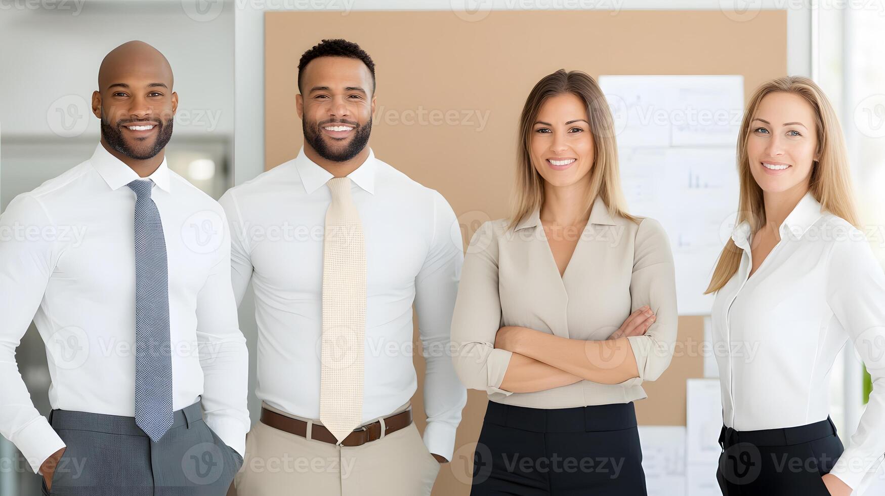 Diverse group of workers standing proudly in front of a strategy board, full body wide angle photo