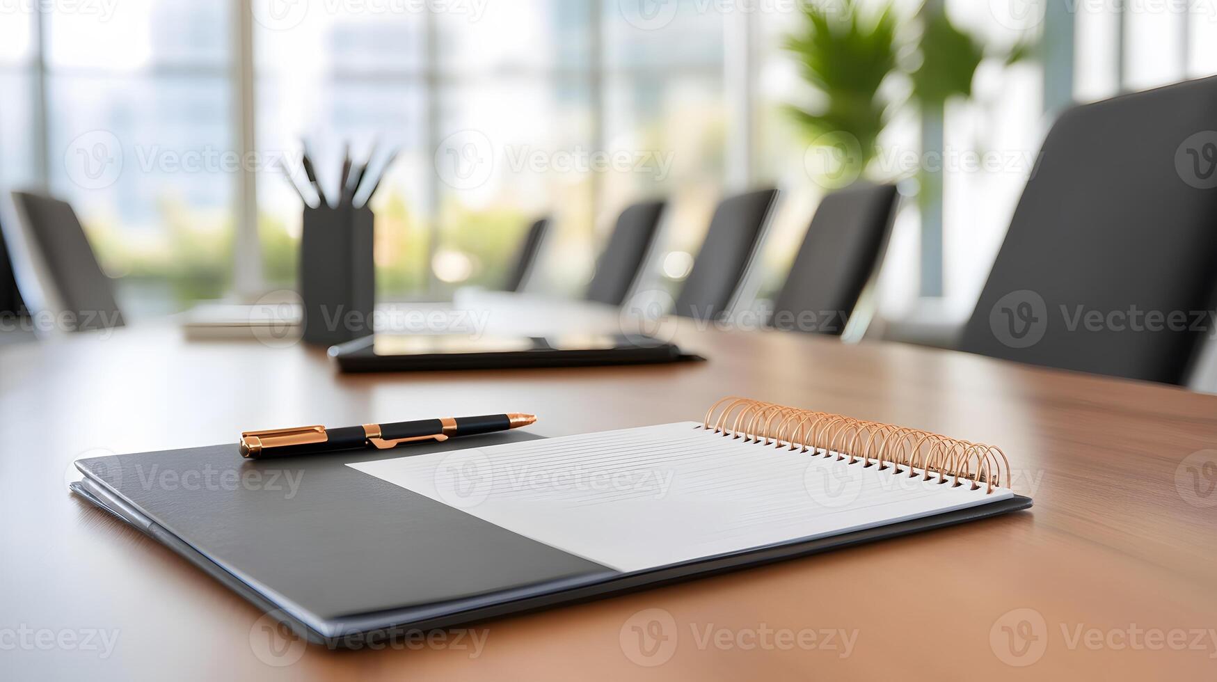 A close-up of a notebook with employee notes taken during a corporate training session, with a focused atmosphere in the background. photo