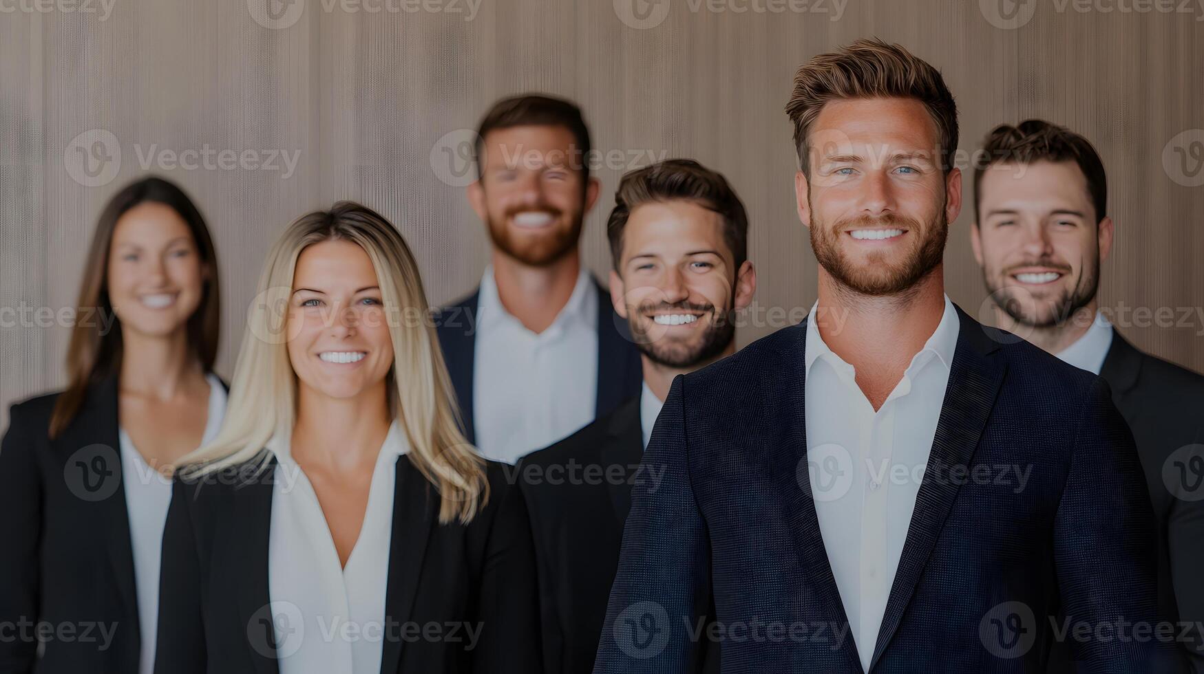 Team of employees with positive expressions in front of a modern office board, full body wide angle. photo