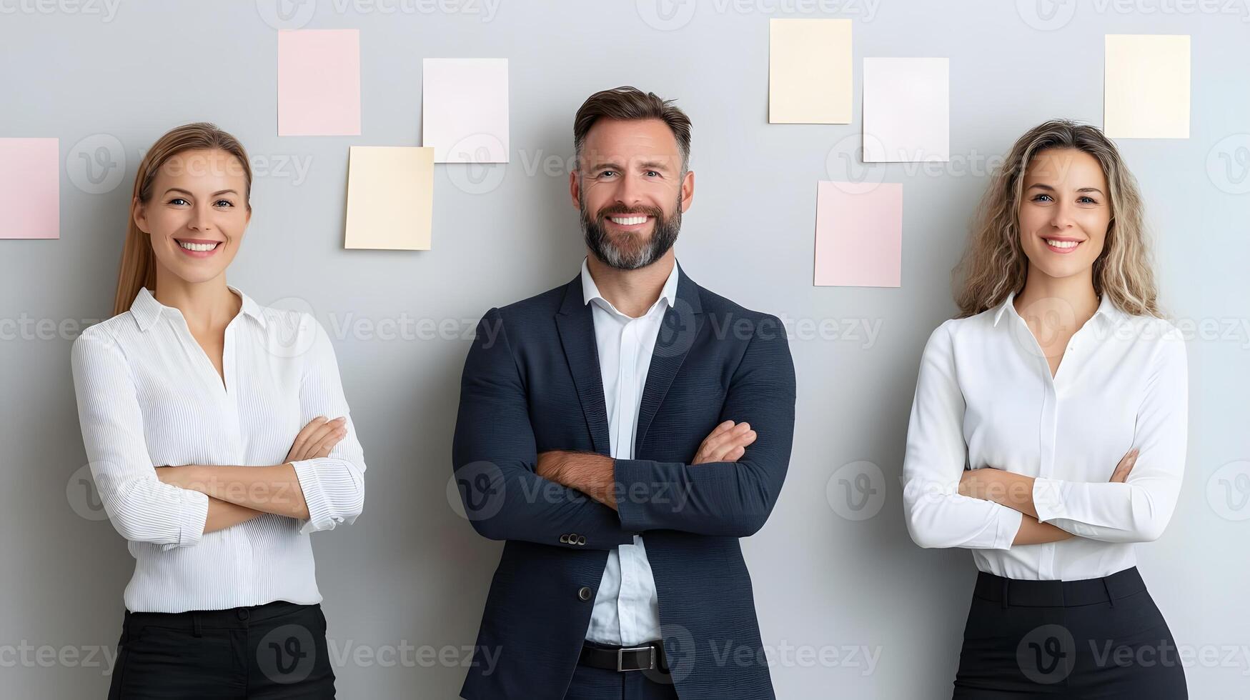 Diverse group of workers standing proudly in front of a strategy board, photo
