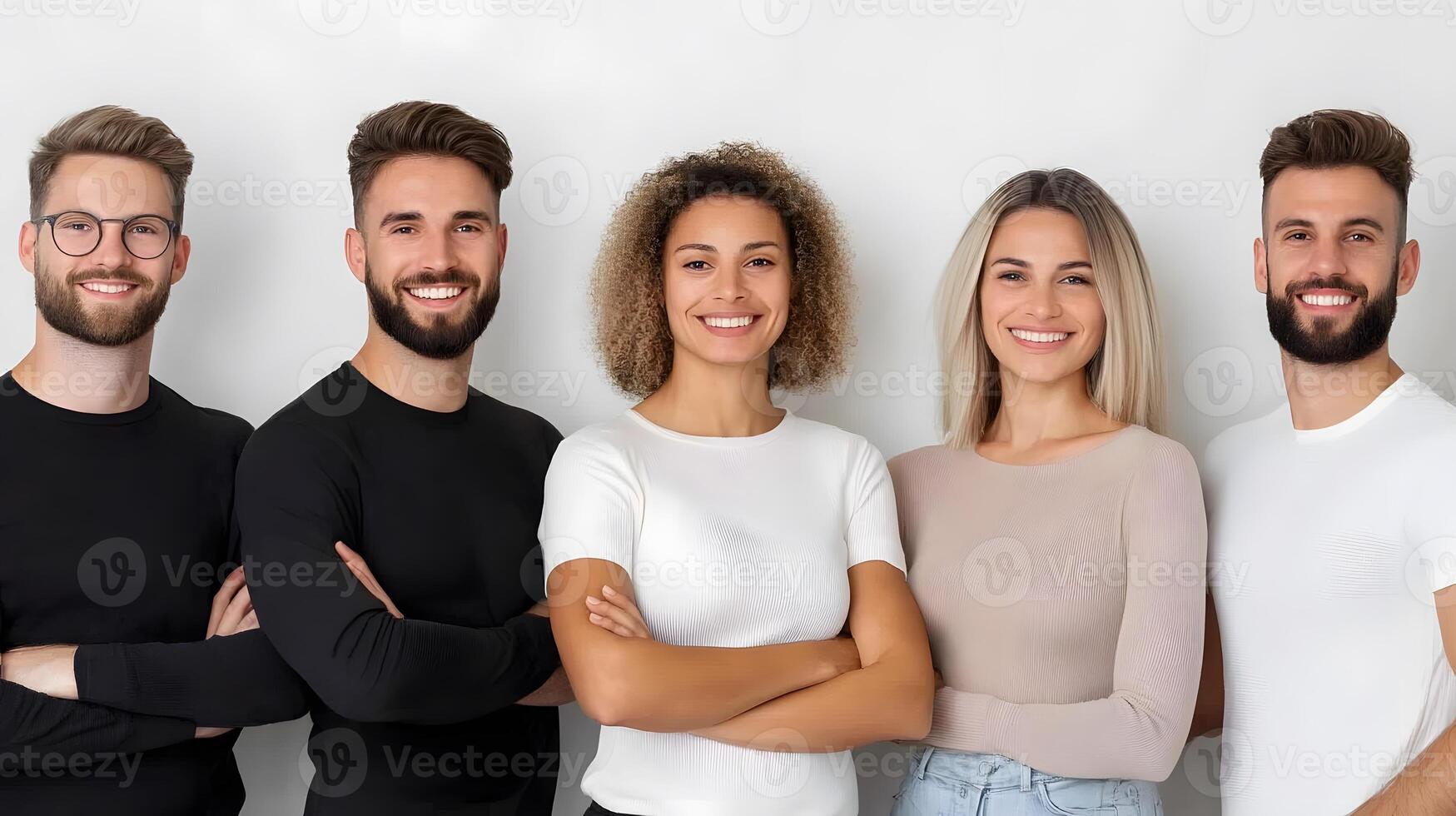 Cheerful group of employees standing near a brainstorming board in a modern workspace, full body wide angle photo