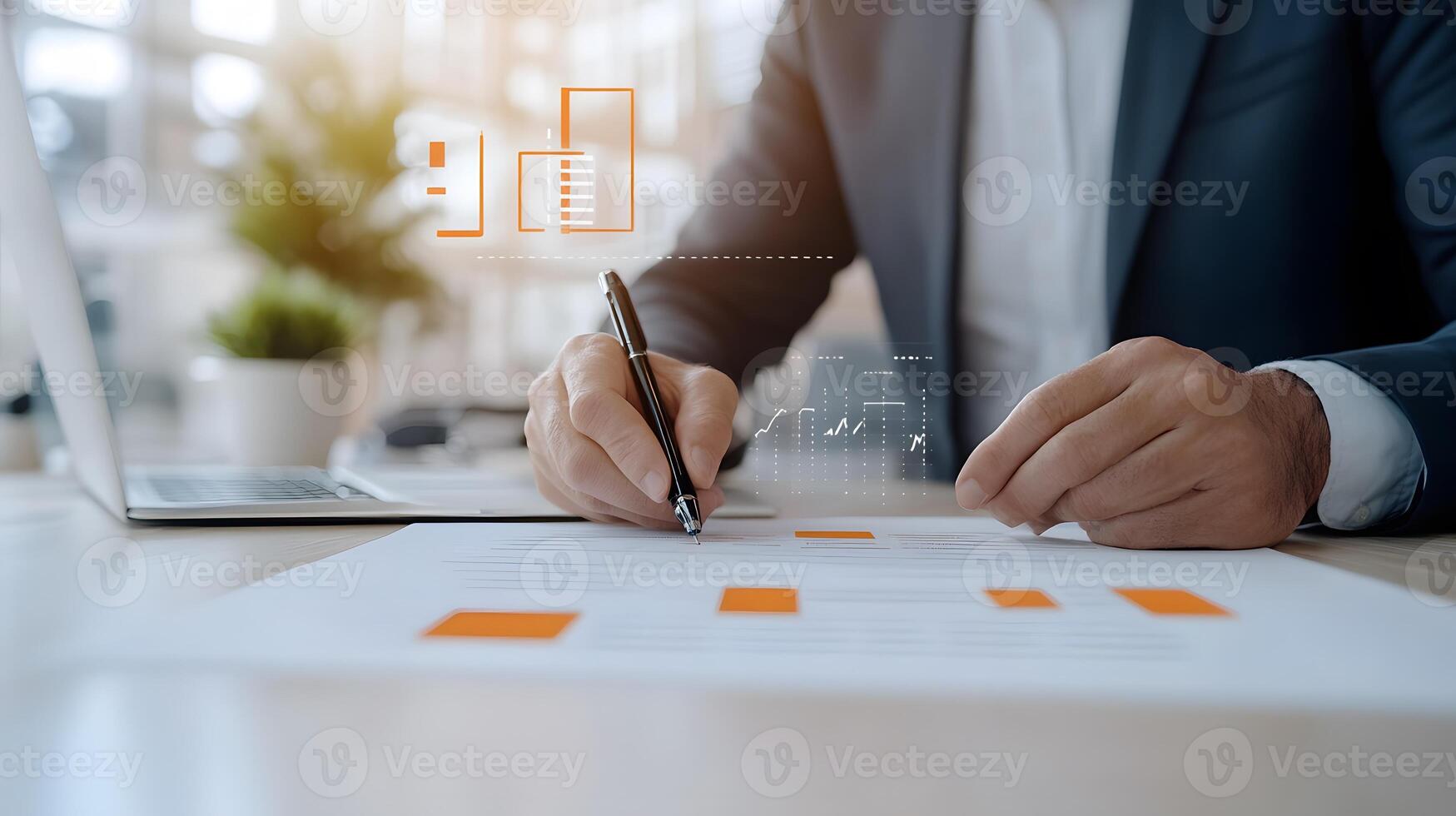 A team brainstorming financial strategies using charts and spreadsheets in a bright conference room photo