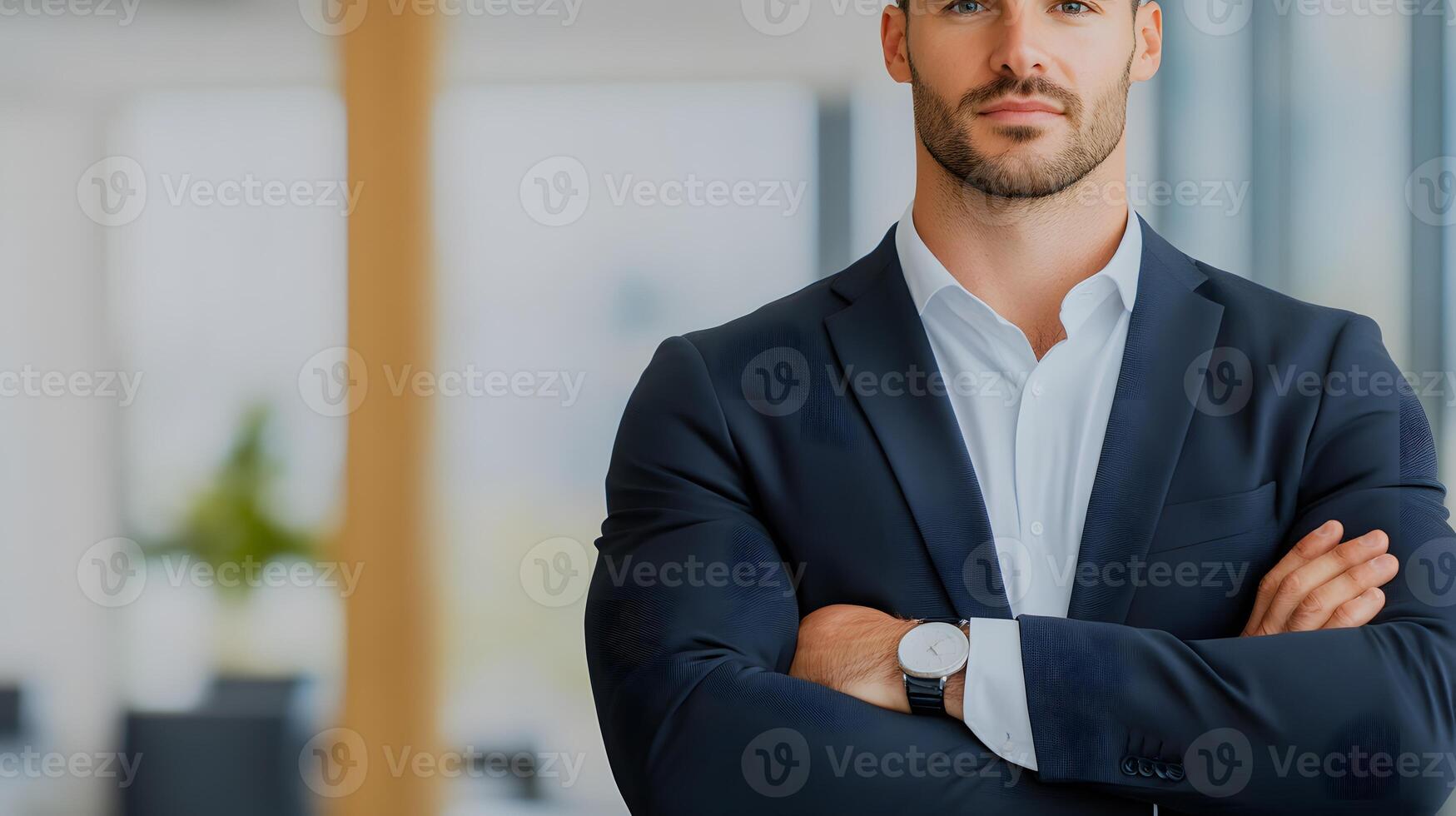 A business leader standing confidently with arms crossed, looking towards a bright horizon, symbolizing ambition and vision for the future photo