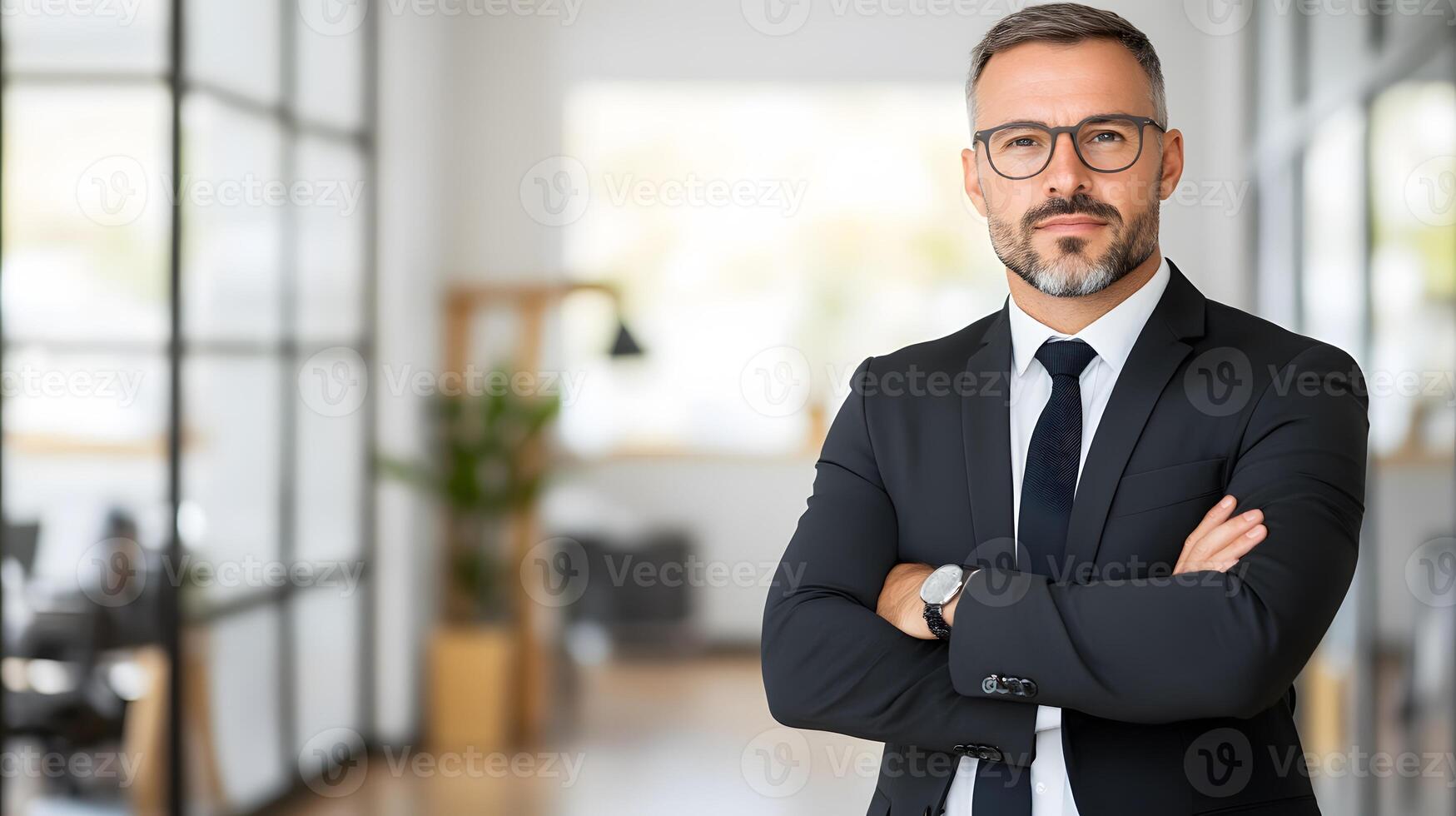A business leader standing confidently with arms crossed, looking towards a bright horizon, symbolizing ambition and vision for the future. photo