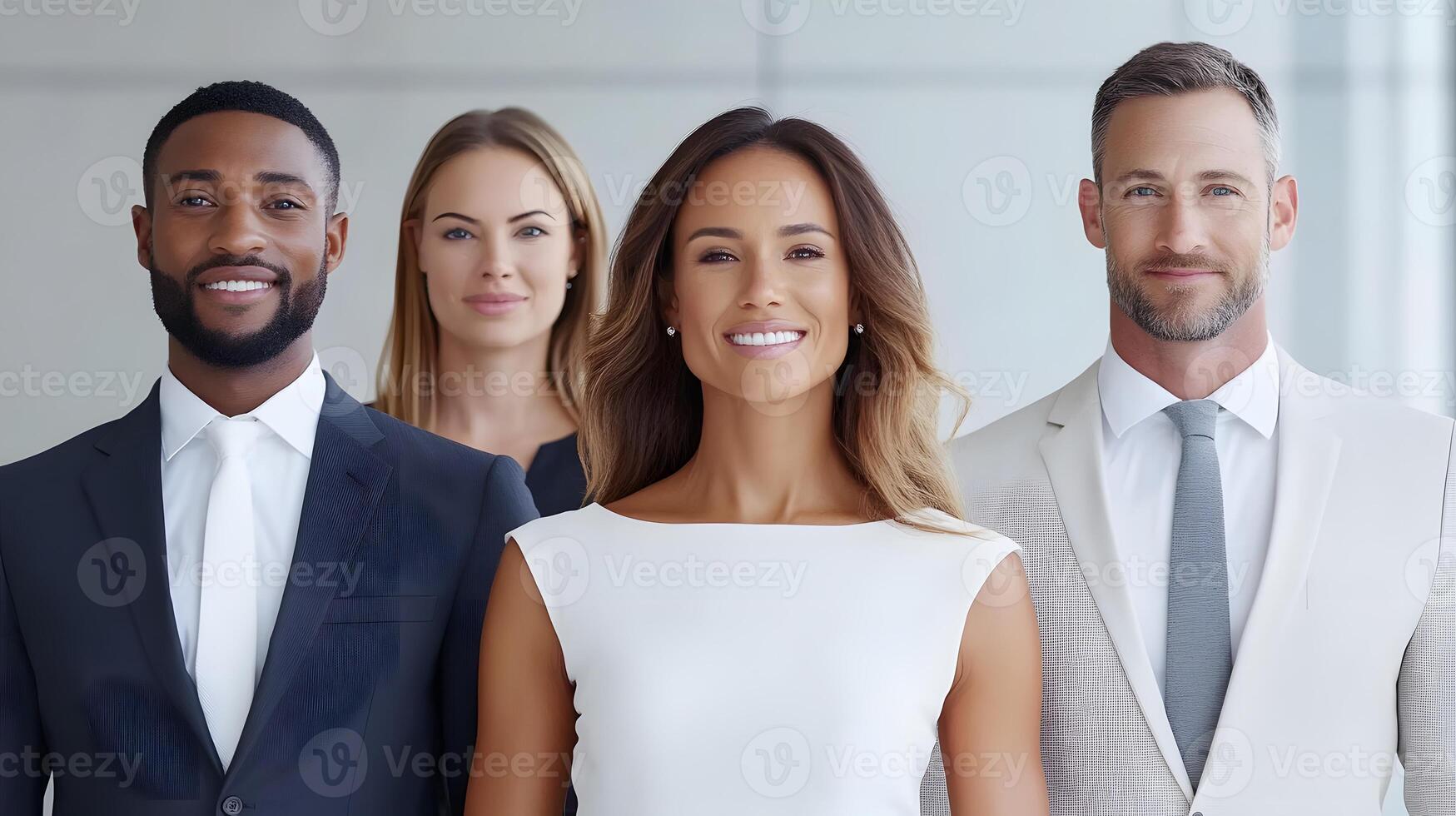 Group of professionals gathered near a board displaying ideas, smiling and confident, full body wide angle.. photo