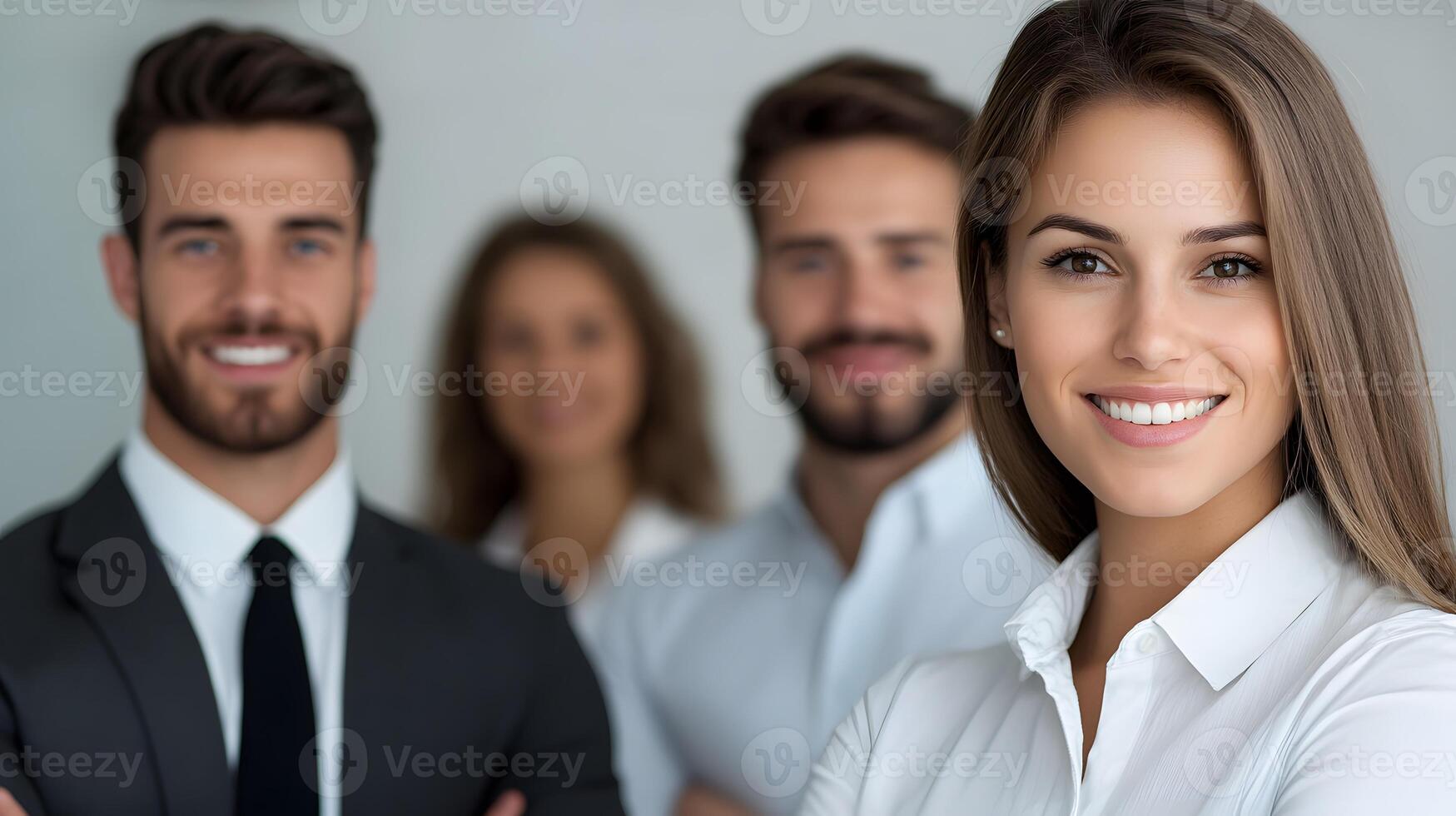 Cheerful employees posing near a presentation board in a modern conference room, full body wide angle photo