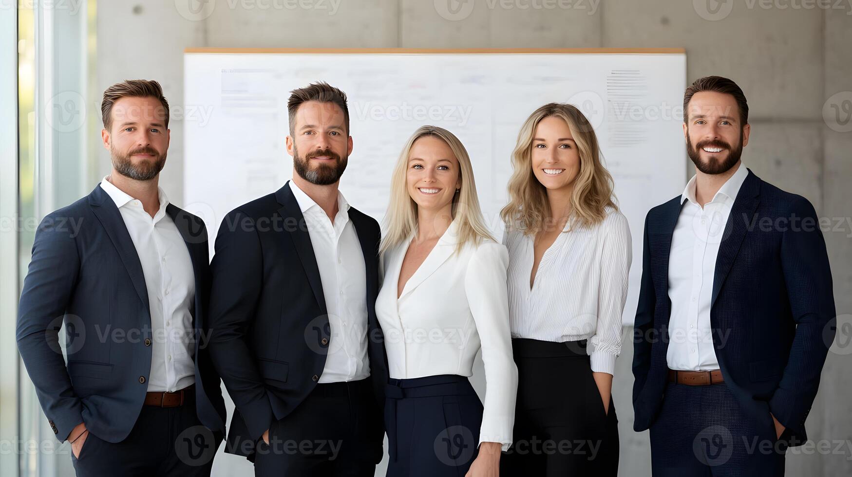 Group of professionals standing confidently near a project board, workplace setting. photo
