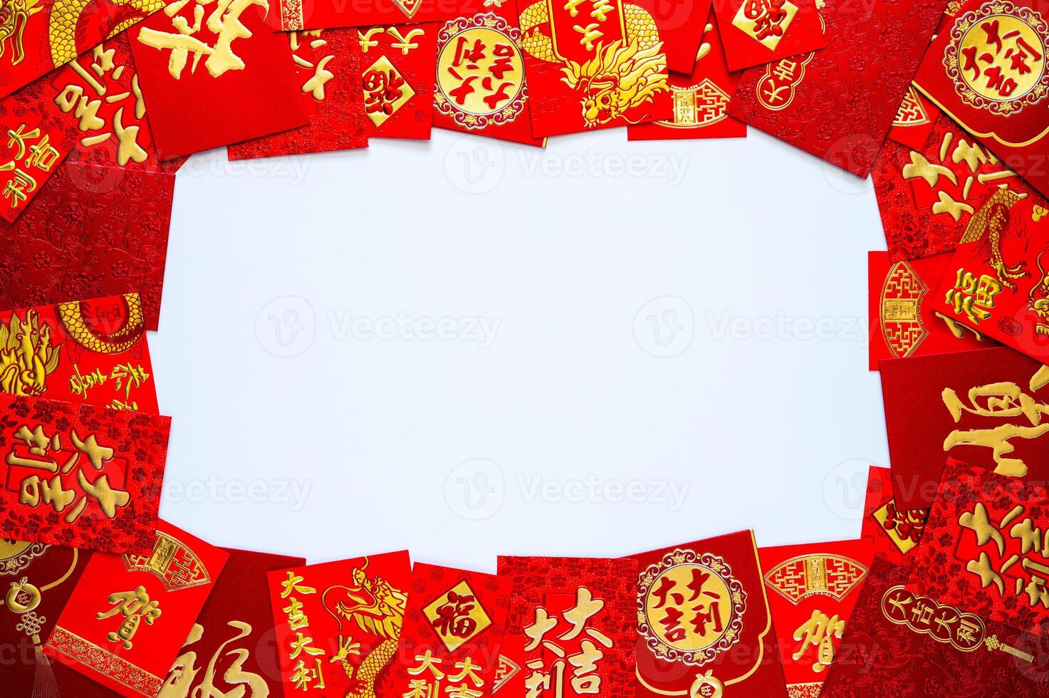 Chinese new year background with red envelope packets or ang bao words mean good luck, great prosperity, wealth, auspicious on empty space white background. photo