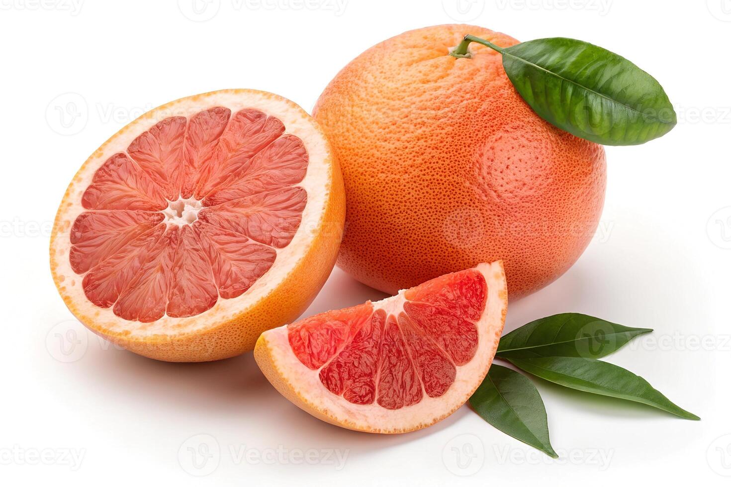 Grapefruit with slices and leaves isolated on a white background photo