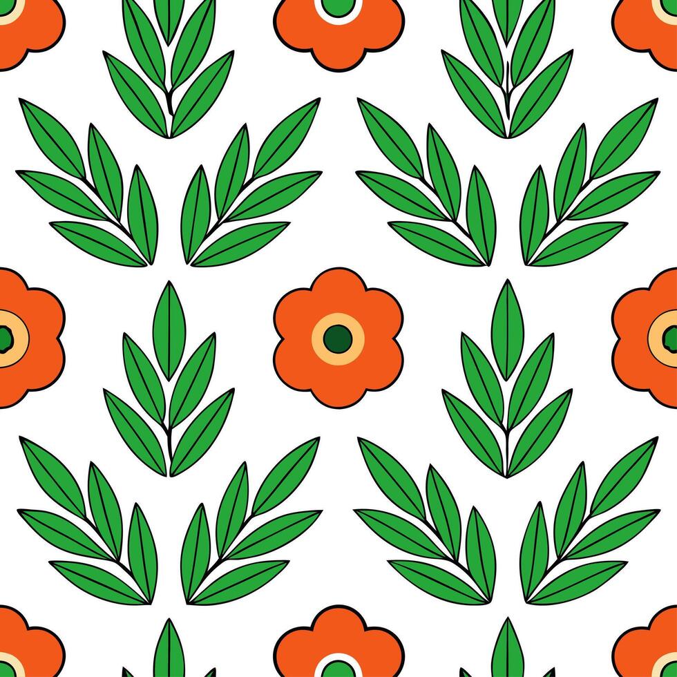 Tropical poppy seamless tile pattern with lush green leaves and vibrant poppy centers on white background ideal for sunny lounges vector