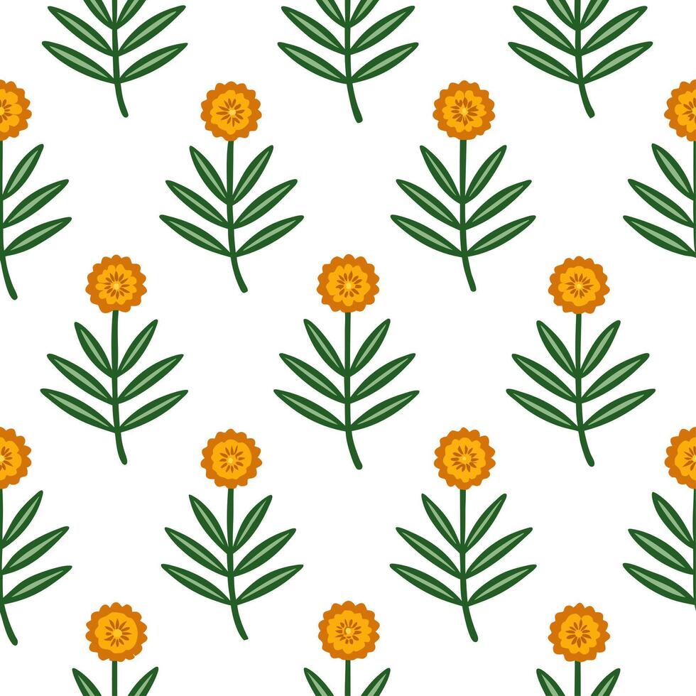 Tropical marigold seamless tile pattern with lush green stems and vibrant marigold clusters on white background ideal for sunny lounges Set 3 vector