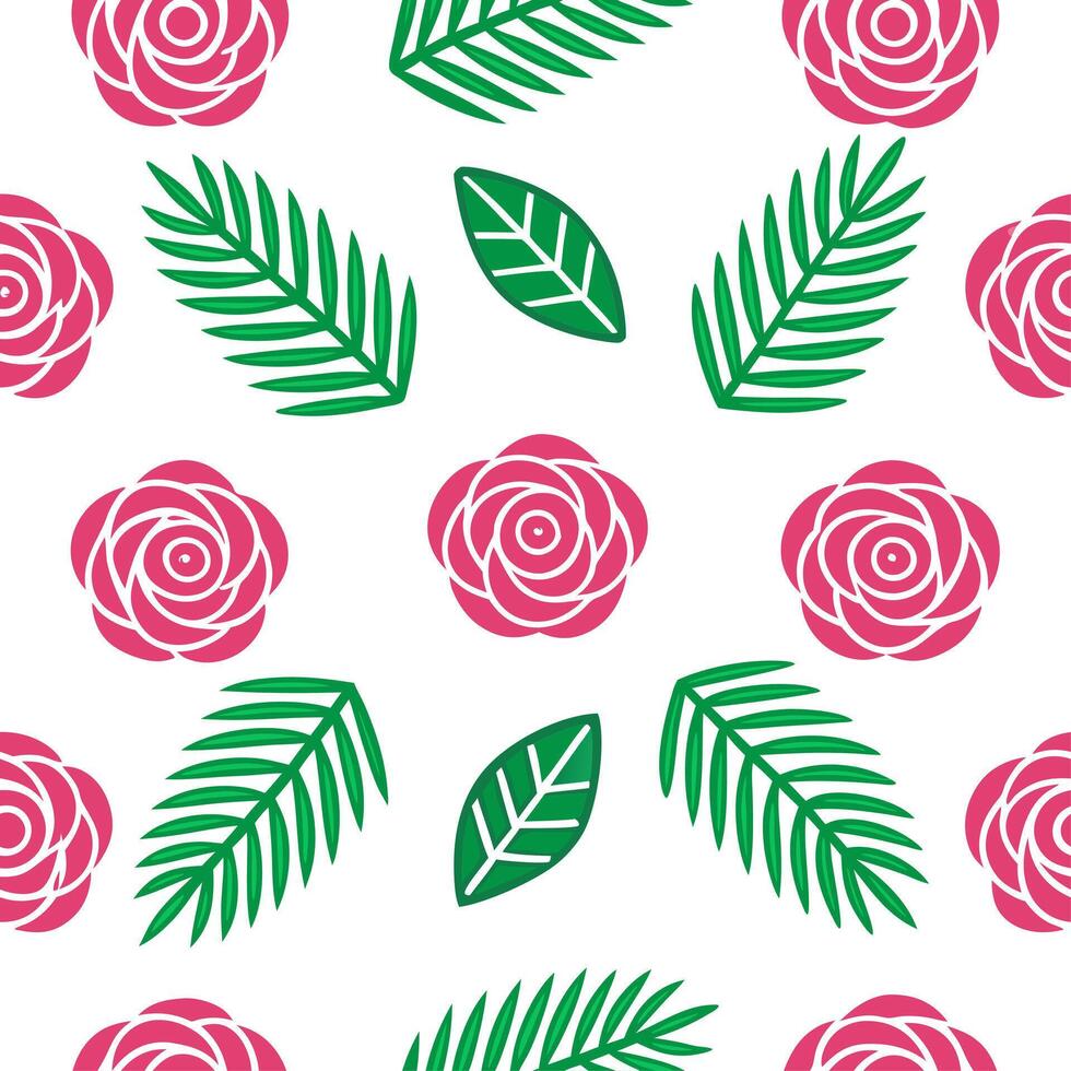 Tropical rose seamless tile pattern with vibrant pink roses and tropical leaves on a white background ideal for sunny kitchens vector