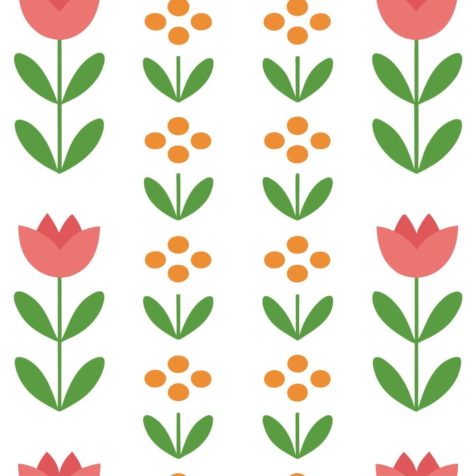 Vibrant garden flowers seamless tile pattern featuring a mix of roses tulips and daisies on a clean white background perfect for cheerful interiors Set 2 vector