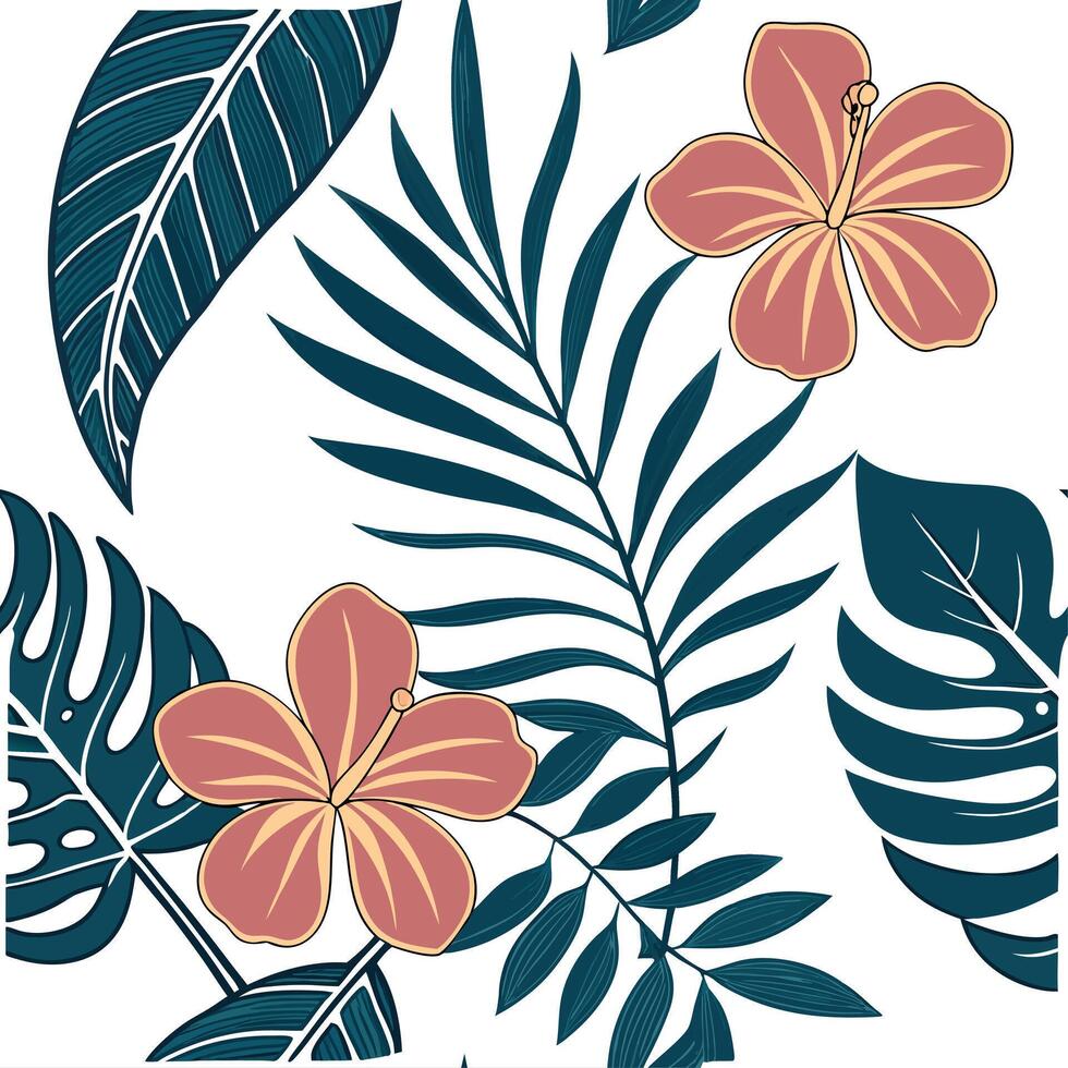 Tropical seamless tile pattern featuring vibrant flowers and lush leaves with high contrast colors suitable for beach themed spaces Set 5 vector
