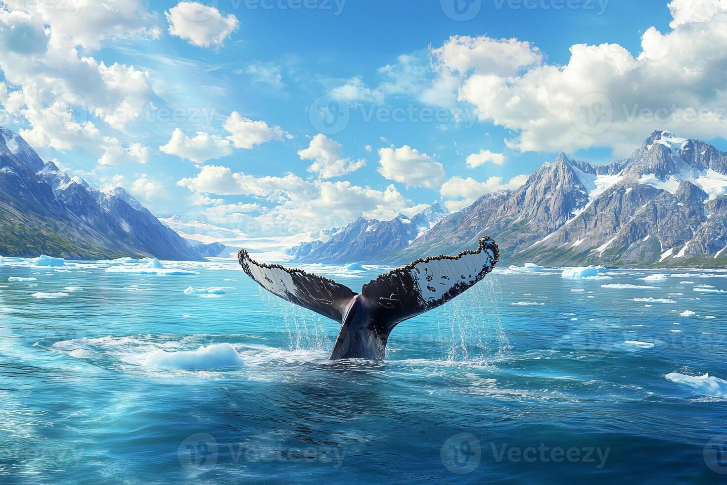 A whale dives off coast of Greenland, surrounded by icy waters, with a coastal landscape. photo