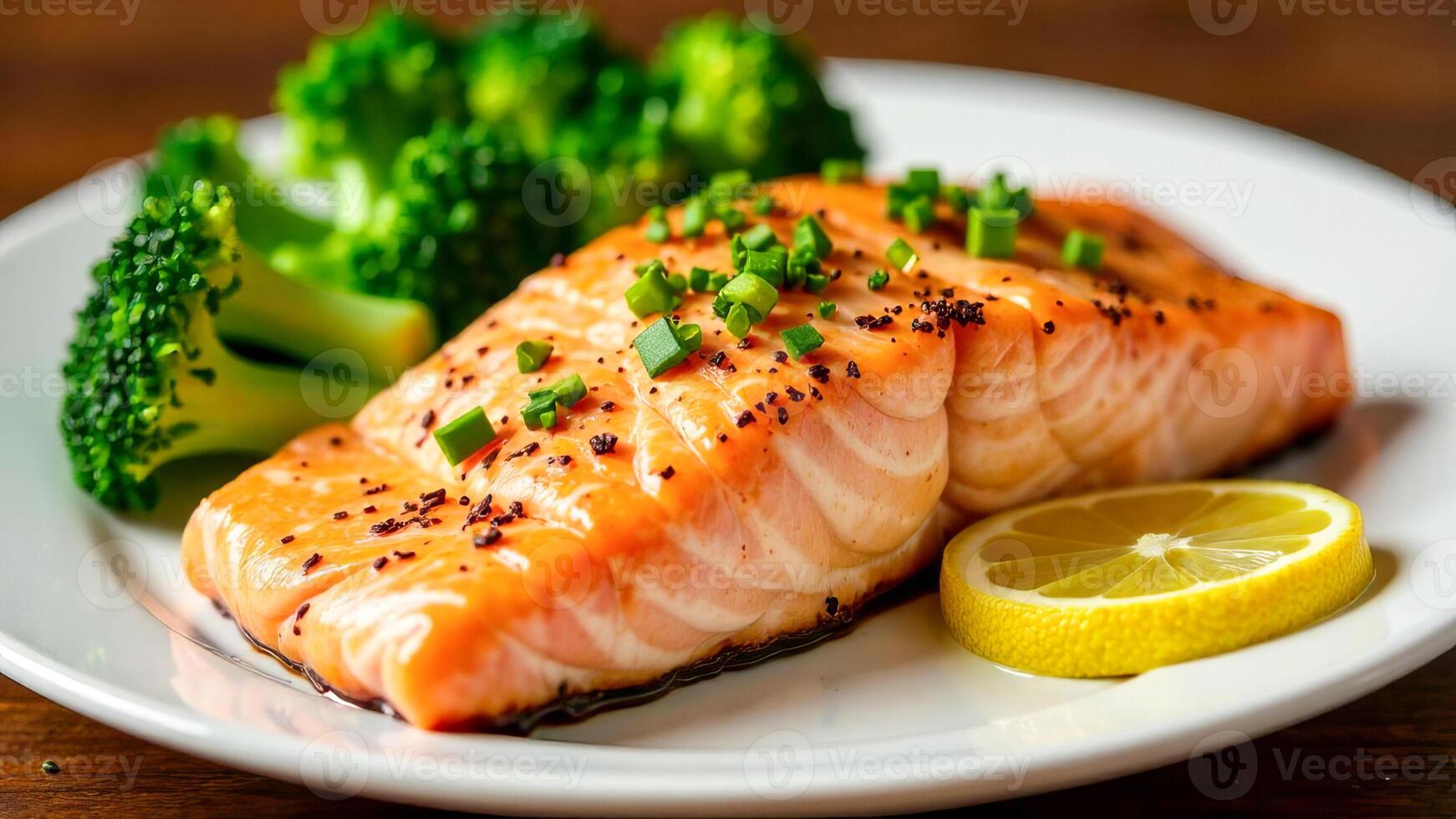 Grilled salmon steak served on a white plate with steamed broccoli and lemon photo