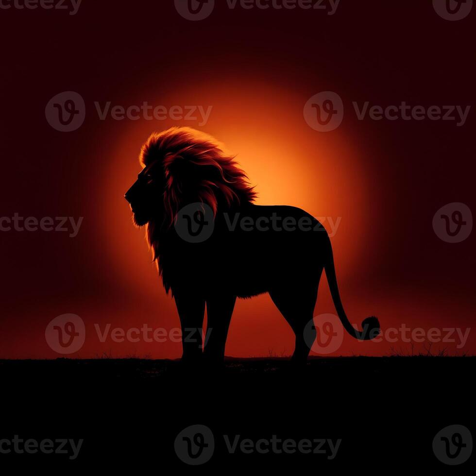 A Silhouetted, Fiery Lion Backlit Against a Smooth Gradient Transition. The Lion Stands Majestically on a Barren Battlefield, Its Form Partly Obscured. Seamless Color Blending photo
